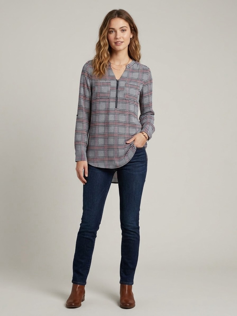 Apt. 9 Grey Plaid V-Neck Long-Sleeve Tunic